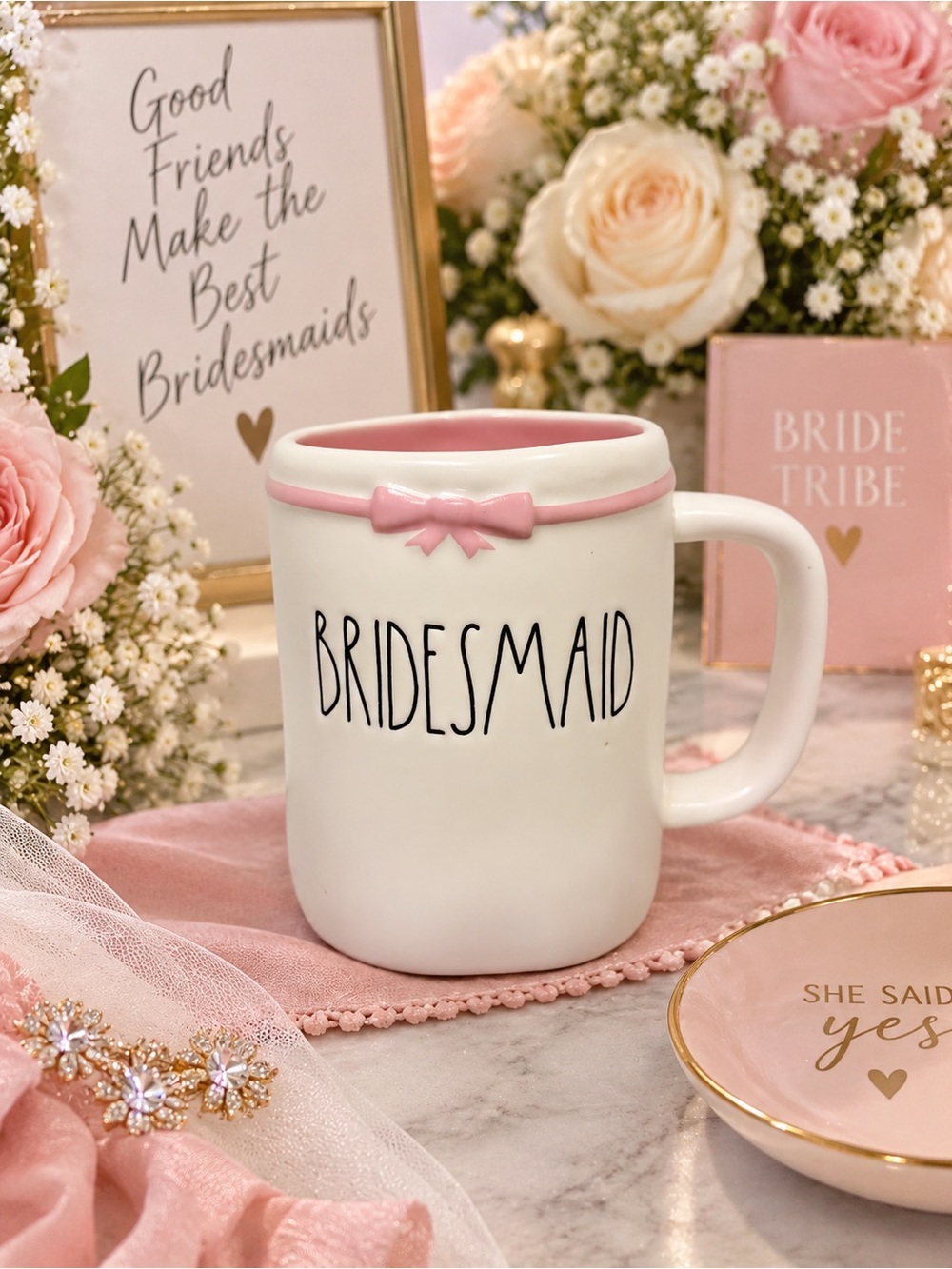 Rae Dunn Bridesmaid Mug Pink Bow Bridal Artisan Collection
